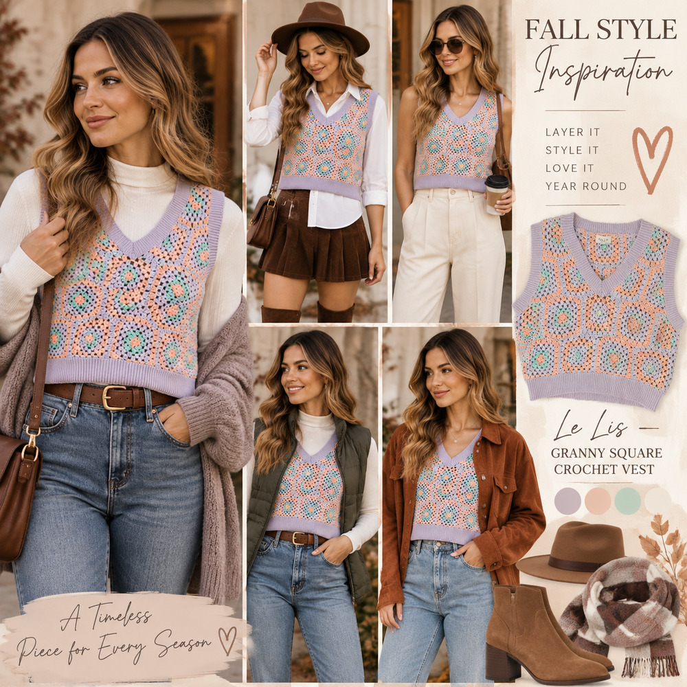 LELIS Crochet Granny Square Sweater Vest L Pastel Lavender Mint Peach Boho
